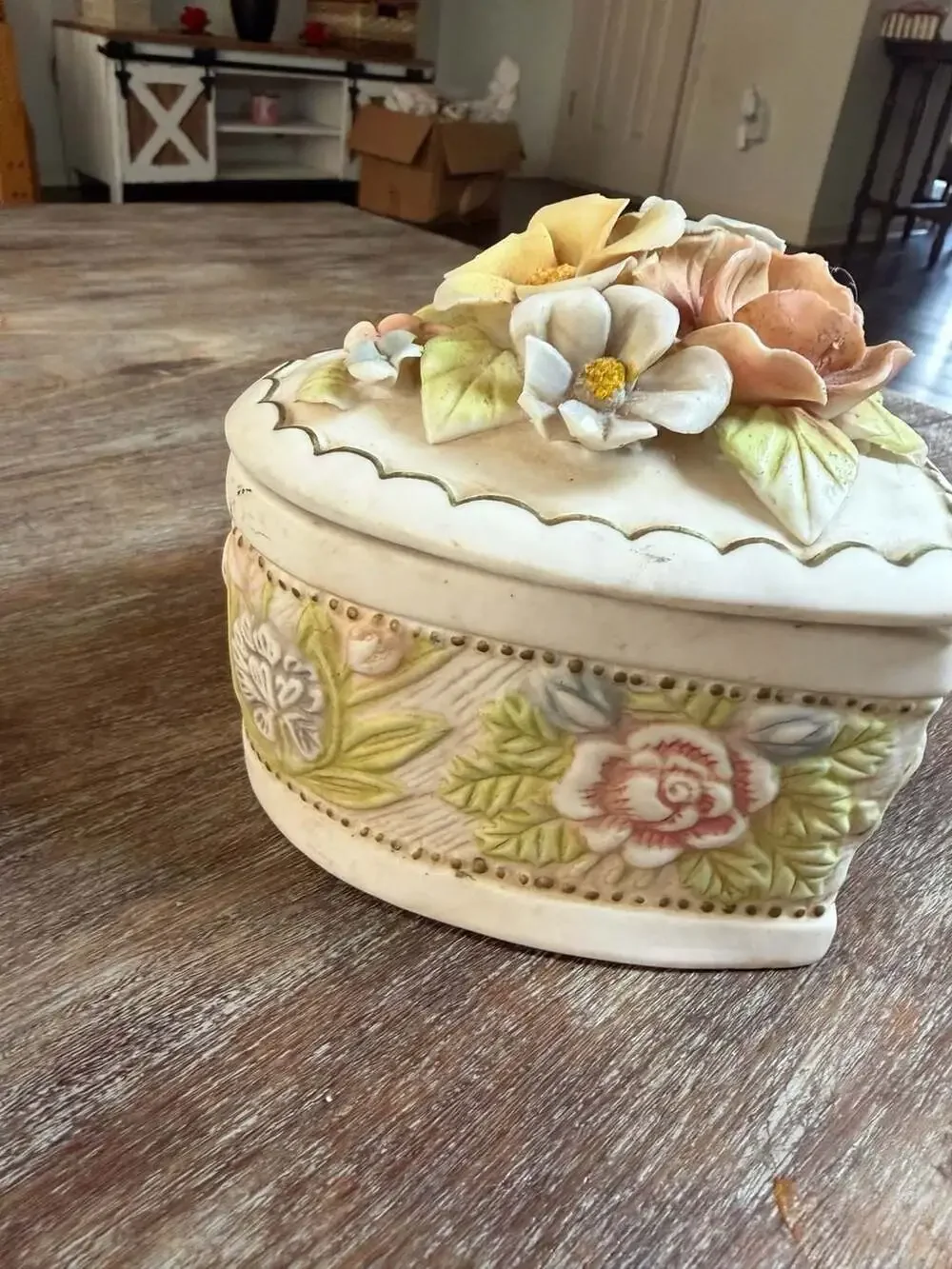Vintage Porcelain Heart-Shaped Trinket Box with Applied Floral Bouquet